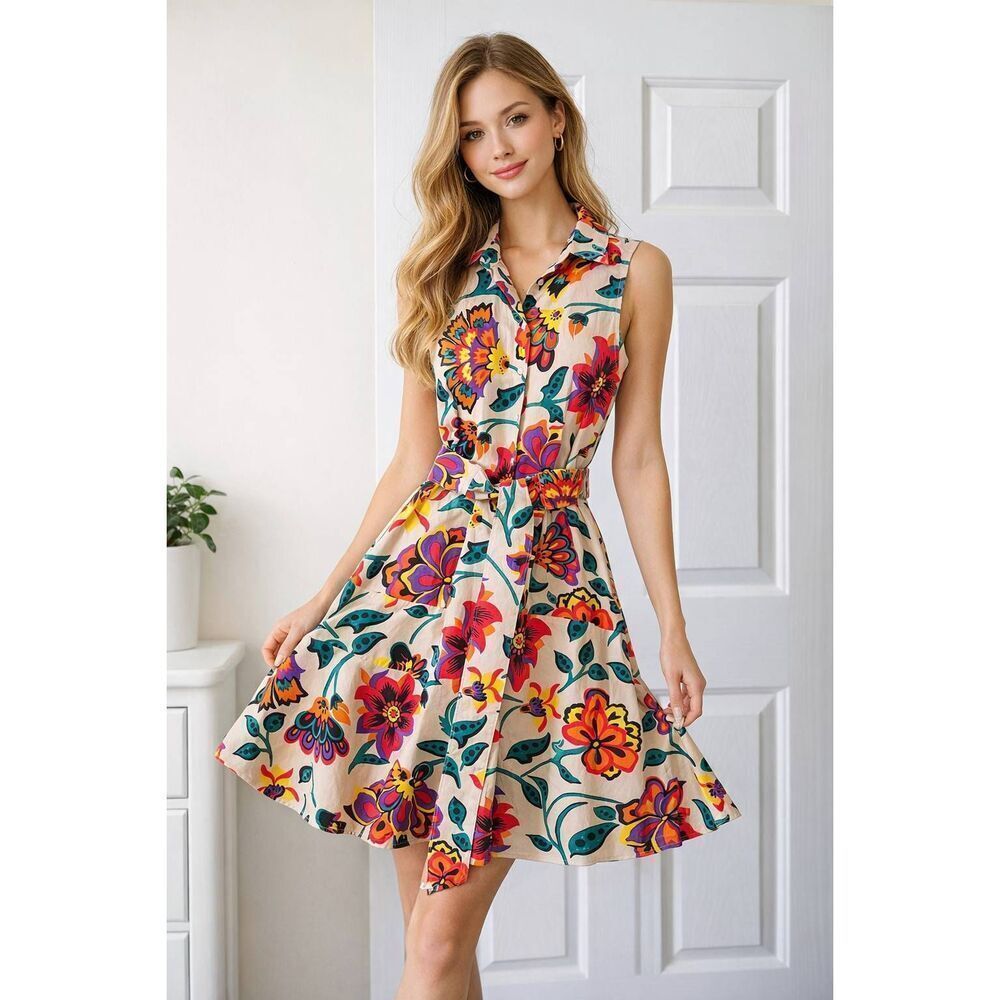 Sara roka Sleeveless Floral Print Belted Dress 38